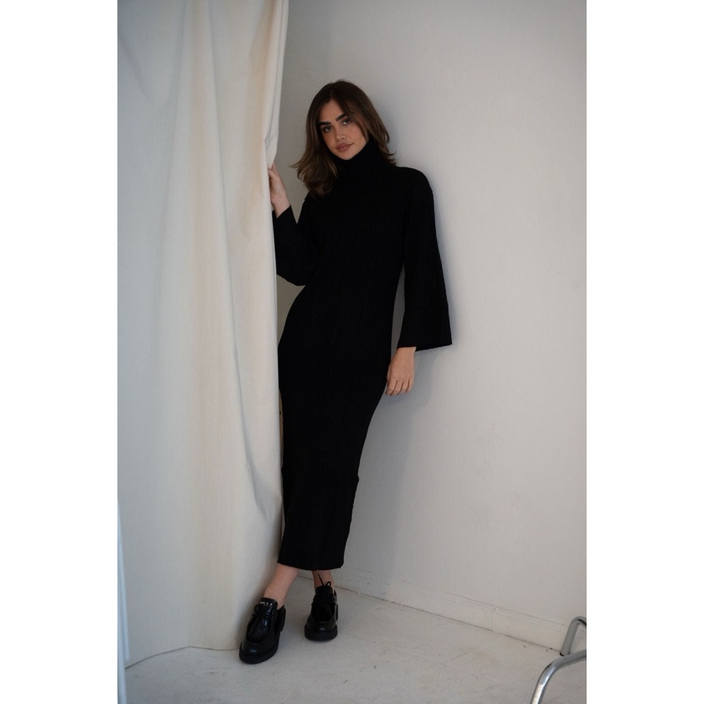 Mima Rosso Cable Knit Bell Sleeve Dress Black Turtleneck Minimalist Stretch